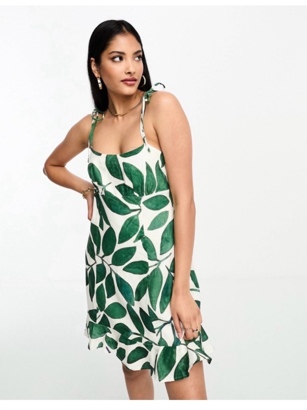 & Other Stories Linen Tie Shoulder Mini Dress Green Leaf Size 6